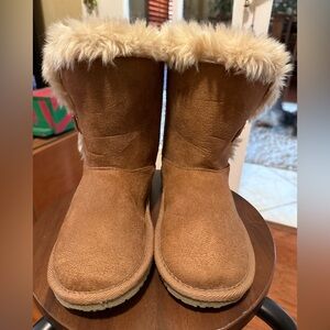Brown Faux Suede Mid-Calf Boots with Faux Fur Trim – Size 6